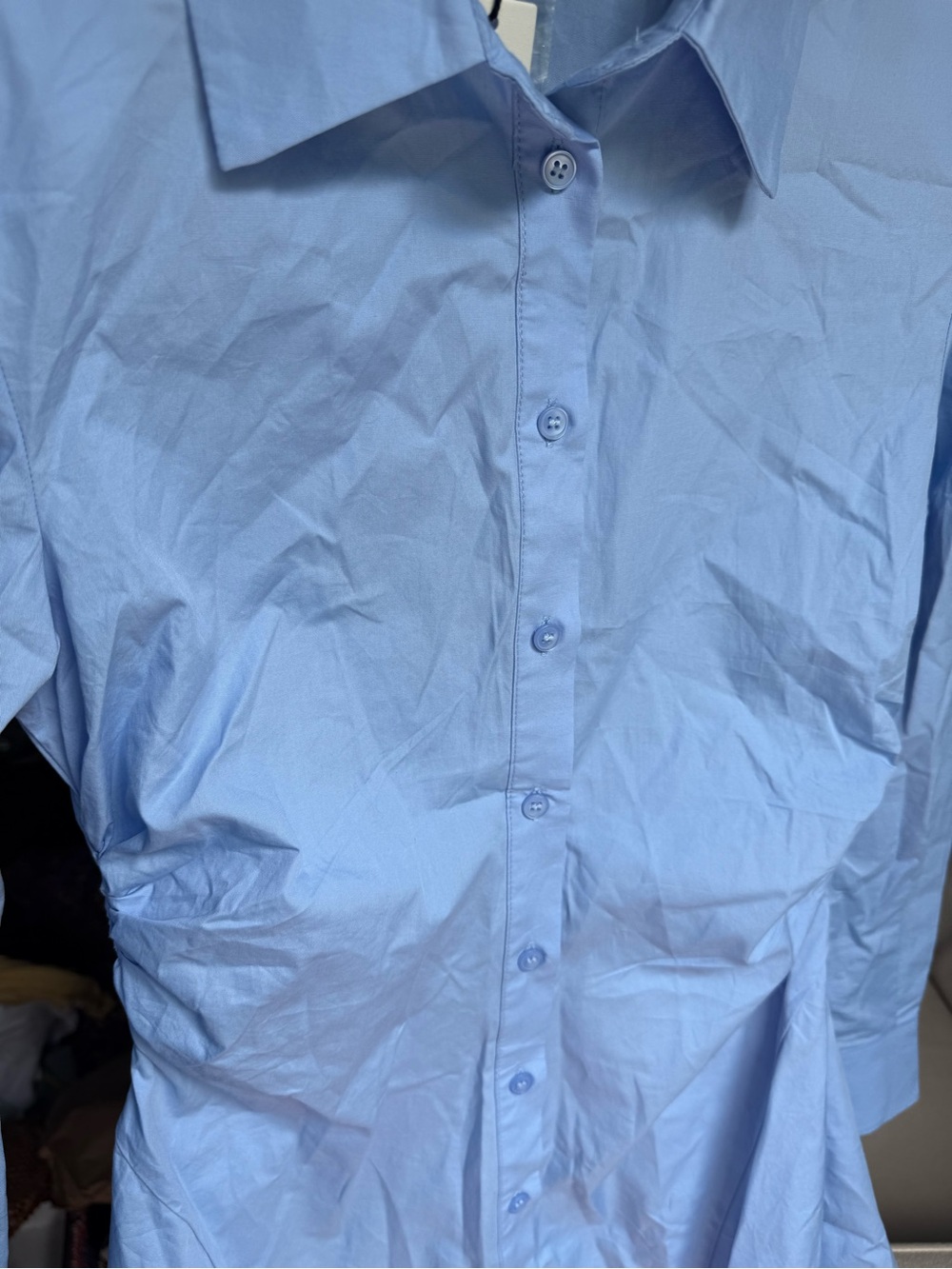 NWT Commense Asymmetric Hem Ruched Button-Up Blue Shirt Dress - Picture 10 of 12